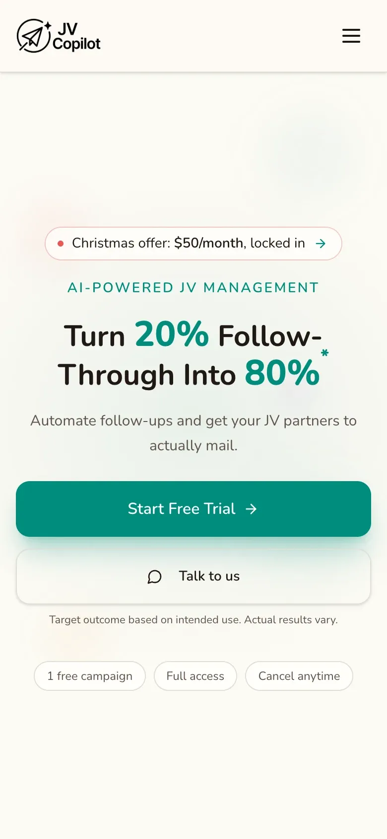 JV Copilot landing page on a phone