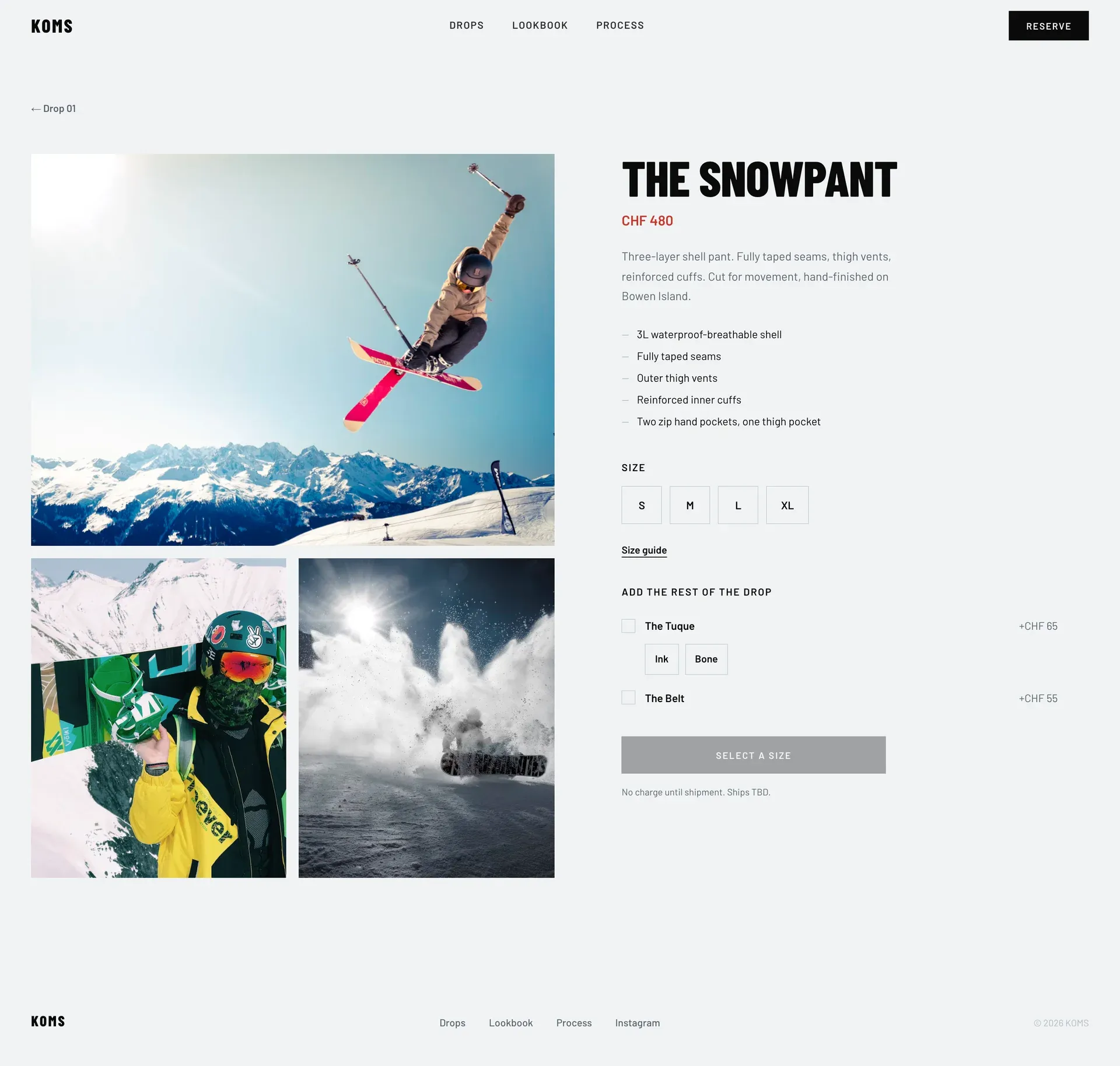 KOMS product page for The Snowpant